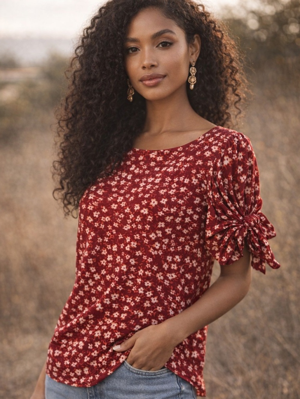 Banana Republic Rust Red Floral Tie-Sleeve Top | Size M